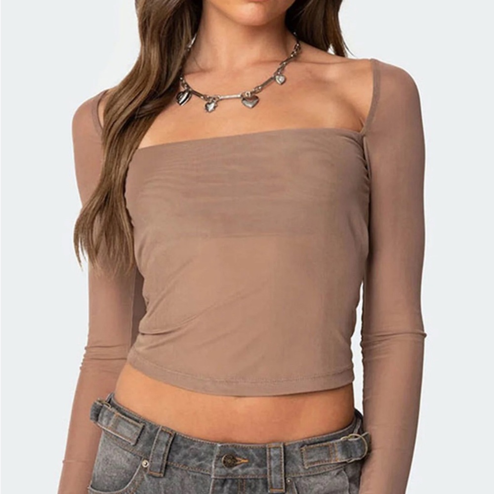 Edikted Mesh Brown Long Sleeve Women's Top
